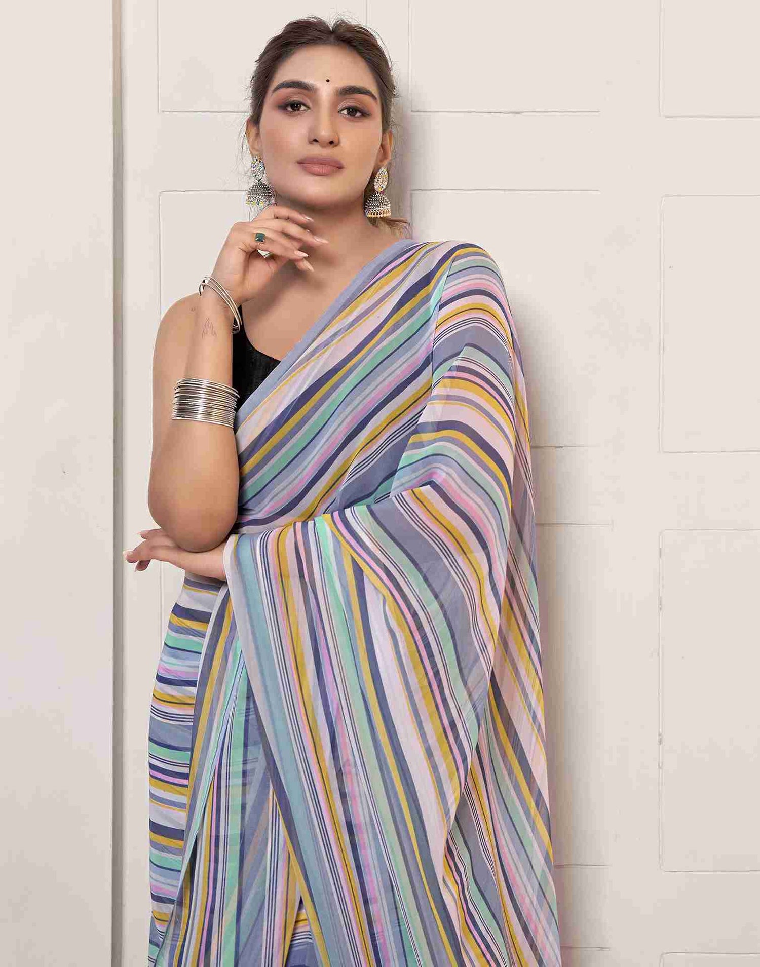 Ready To Wear Grey Georgette Printed Saree