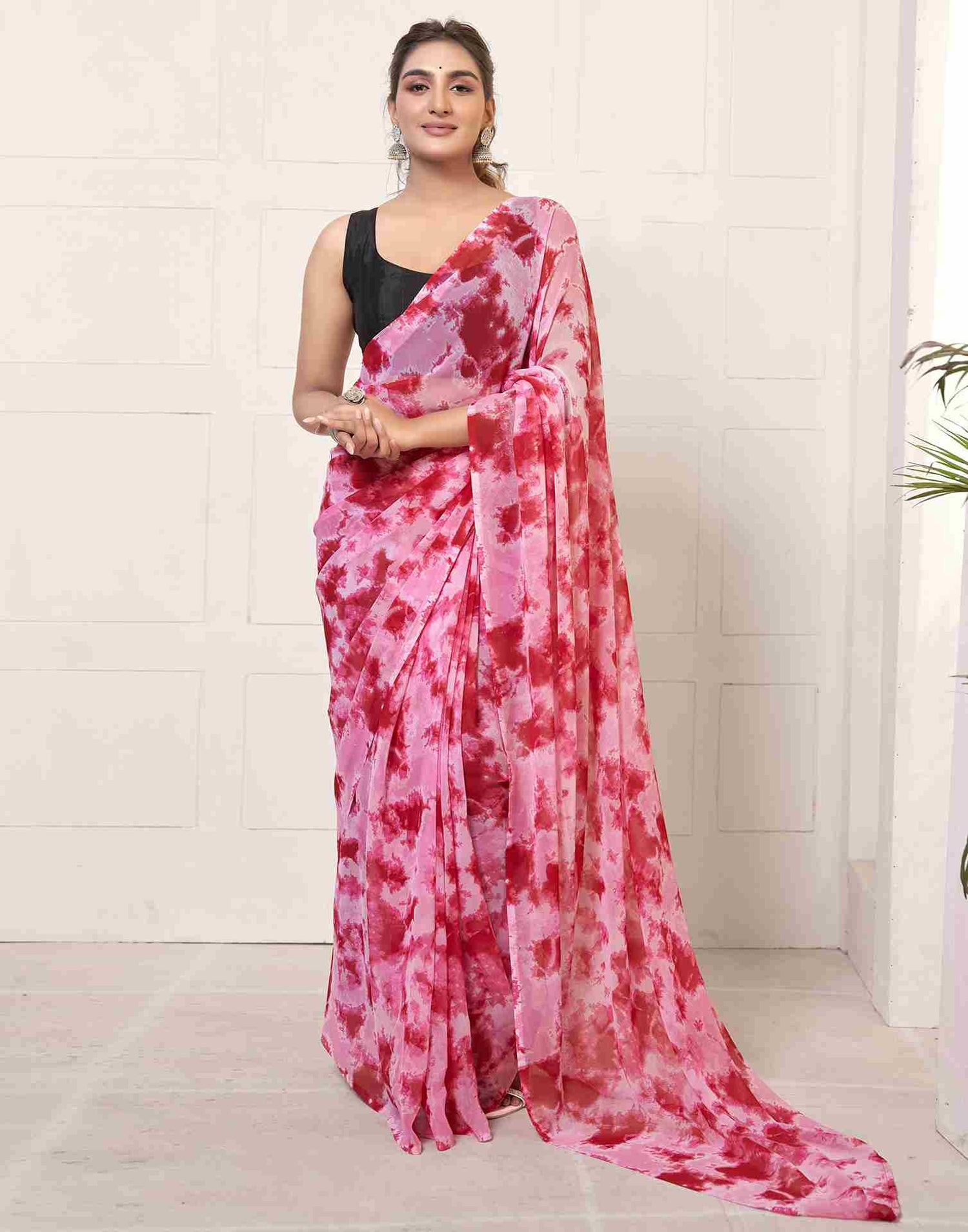 Ready To Wear Dark Pink Georgette Printed Saree