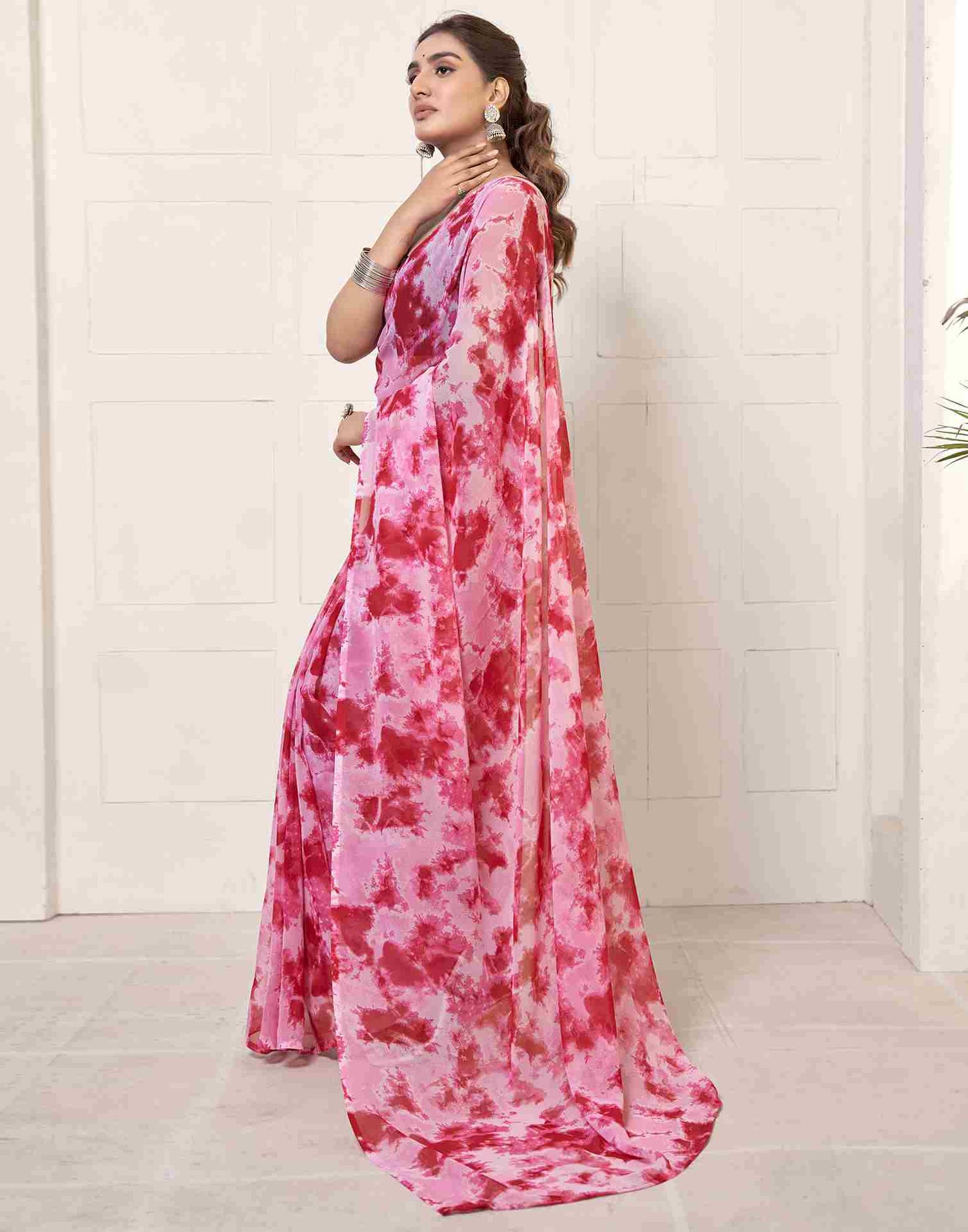 Ready To Wear Dark Pink Georgette Printed Saree