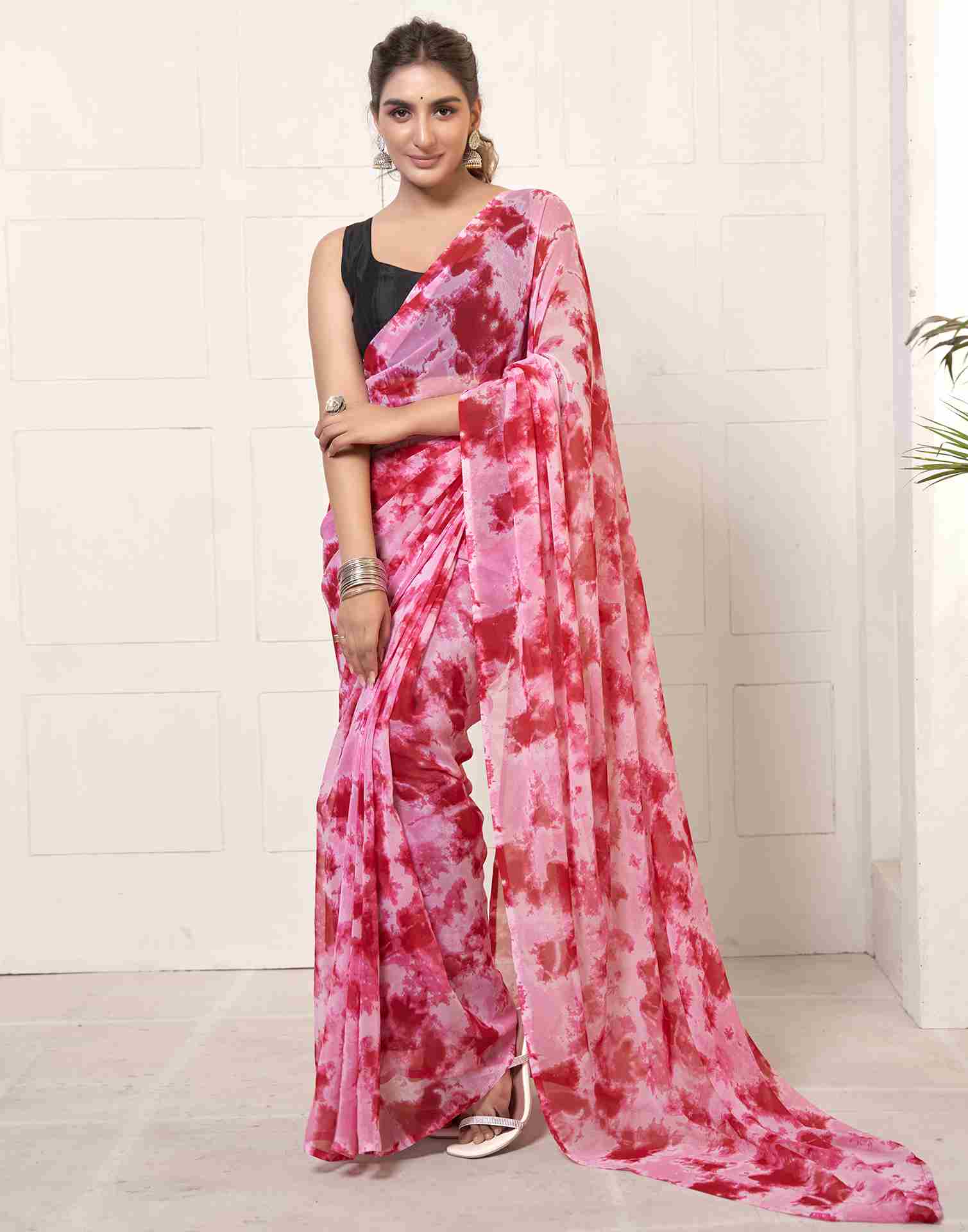 Ready To Wear Dark Pink Georgette Printed Saree