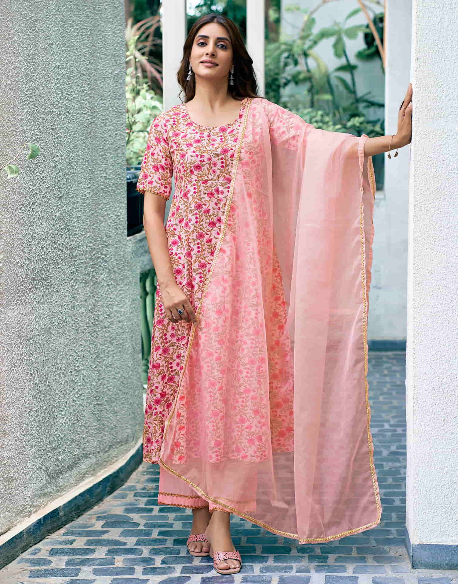 Light Pink Printed Rayon A-Line Kurta With Pant And Dupatta