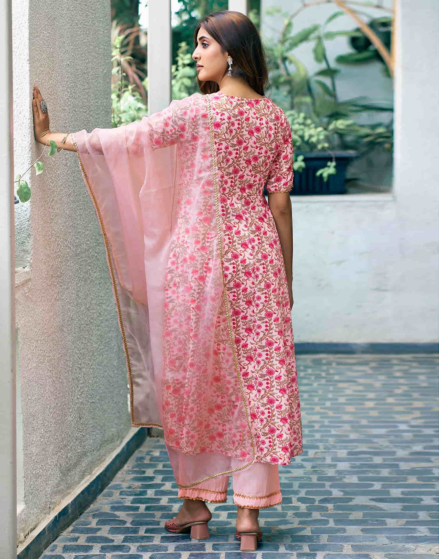 Light Pink Printed Rayon A-Line Kurta With Pant And Dupatta