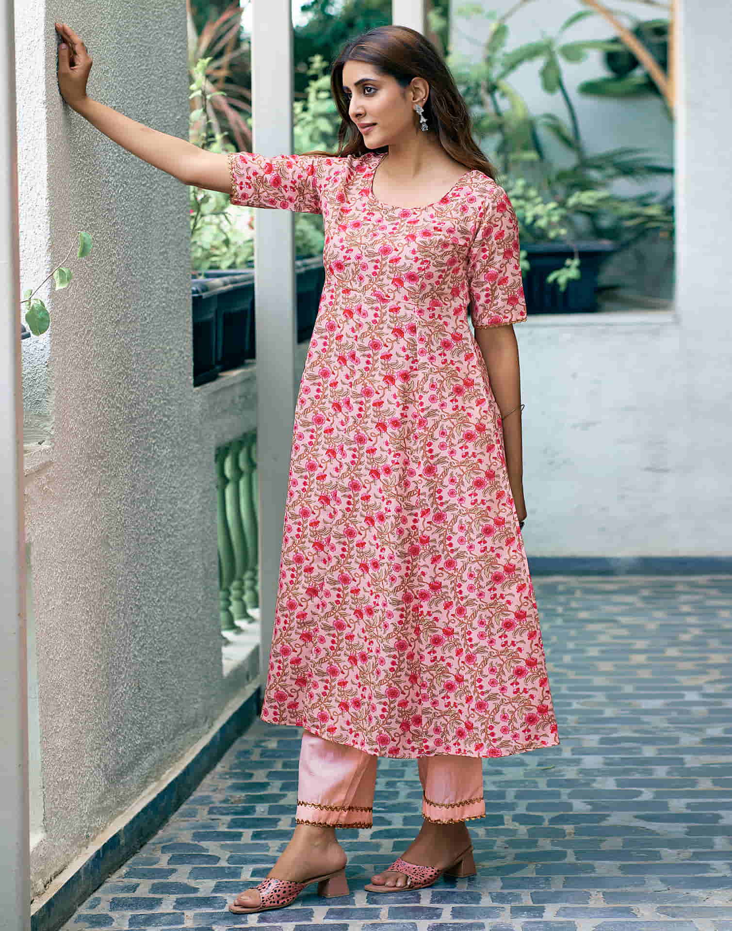 Light Pink Printed Rayon A-Line Kurta With Pant And Dupatta