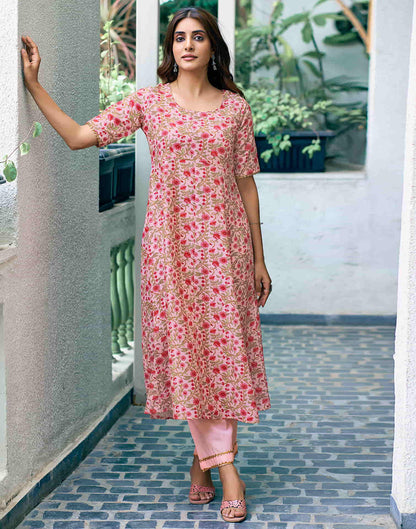 Light Pink Printed Rayon A-Line Kurta With Pant And Dupatta