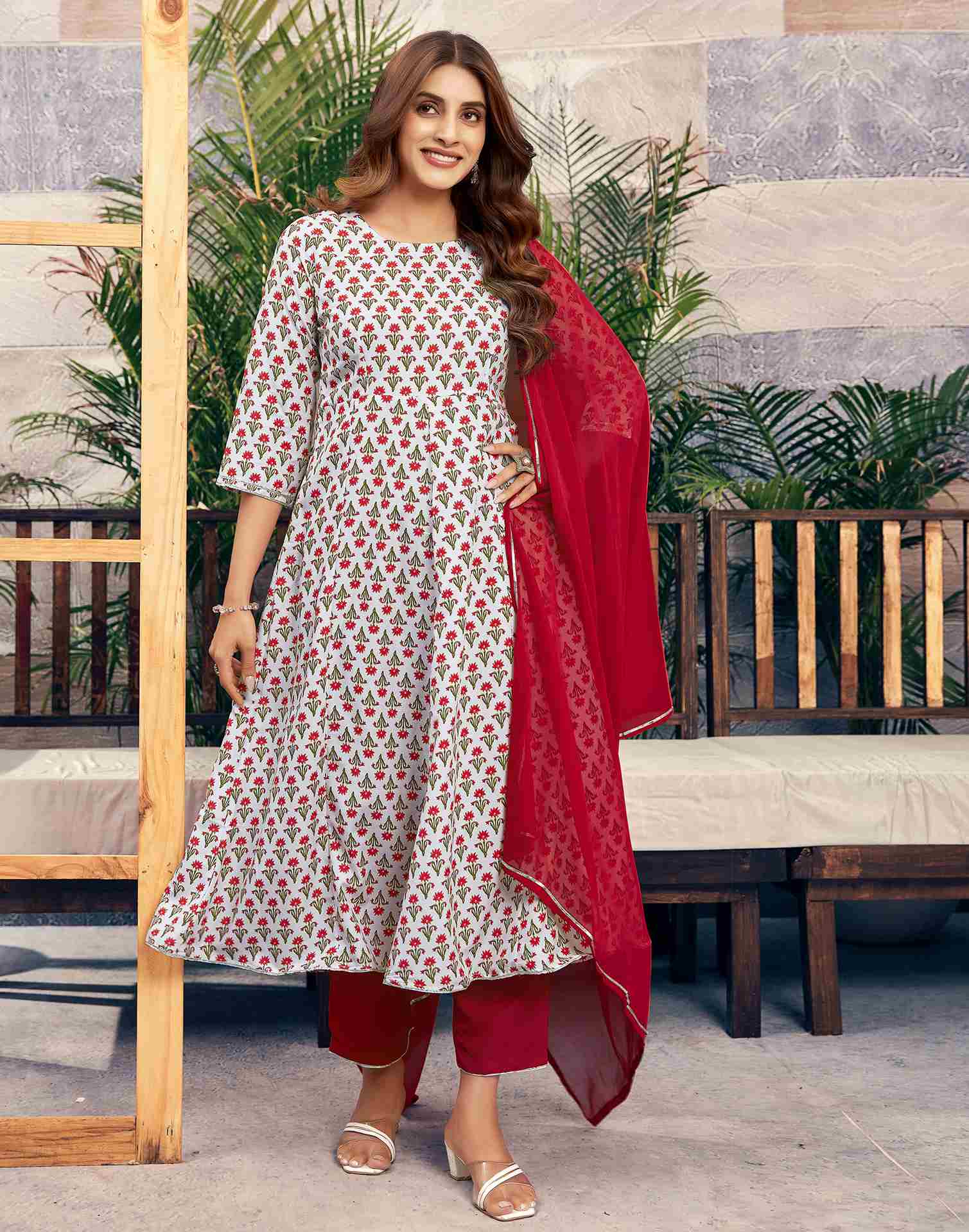 White Printed Rayon Straight Kurta Set With Dupatta