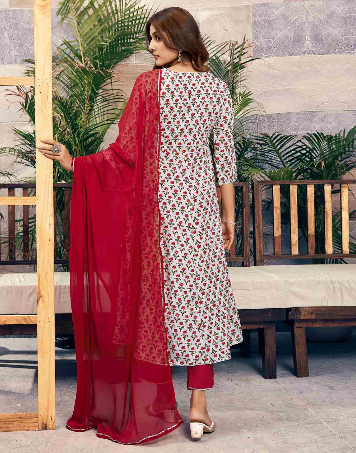 White Printed Rayon Straight Kurta Set With Dupatta