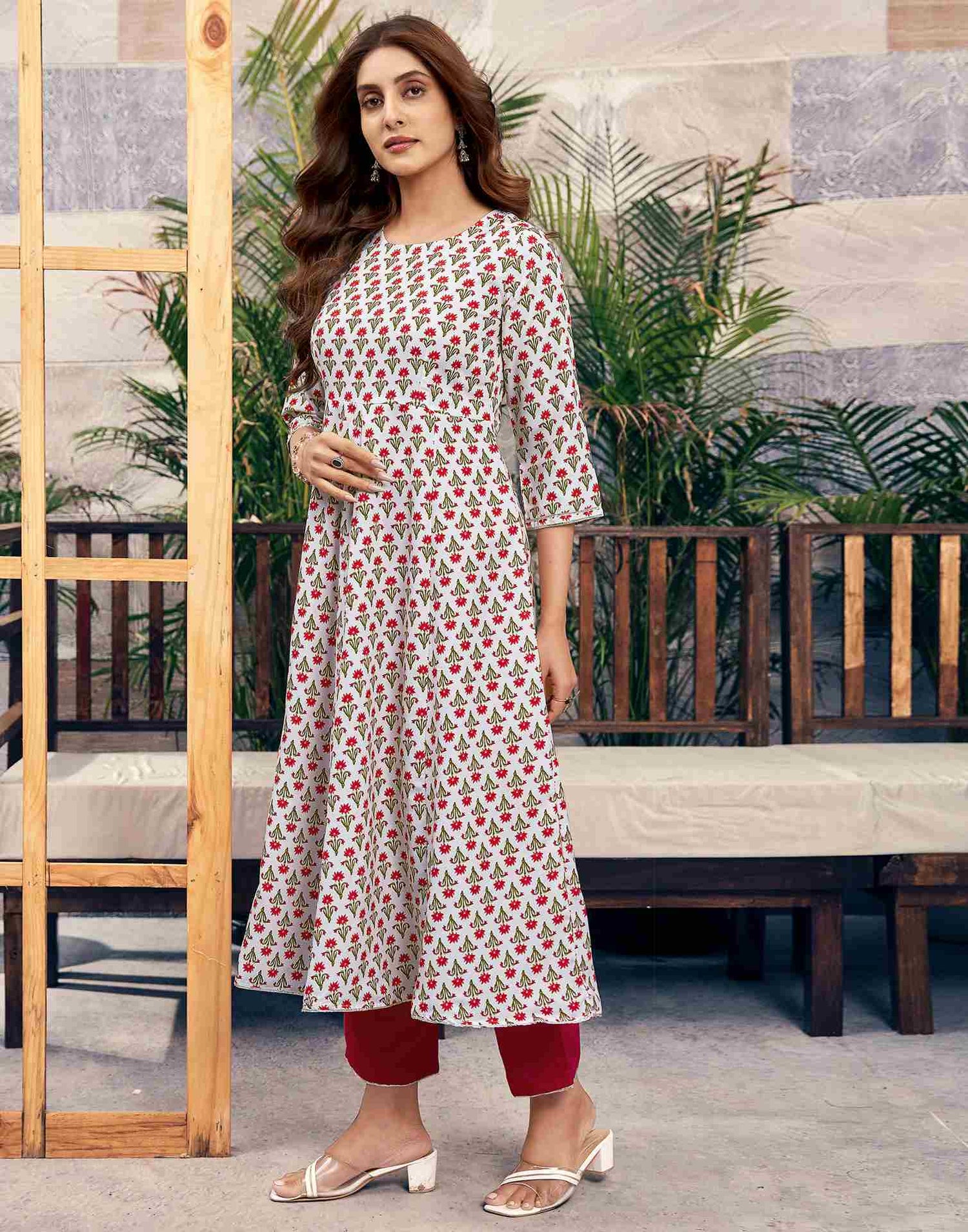 White Printed Rayon Straight Kurta Set With Dupatta