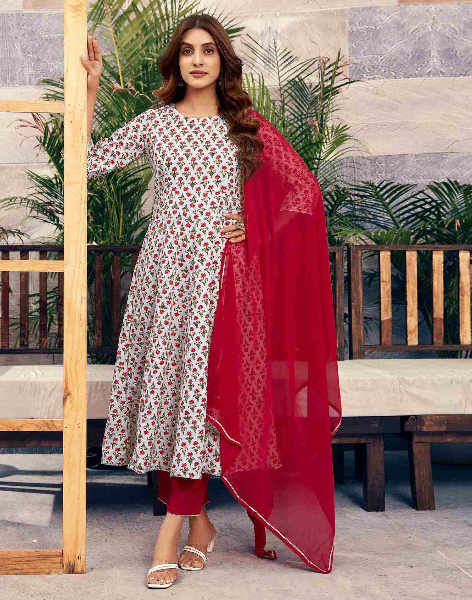 White Printed Rayon Straight Kurta Set With Dupatta