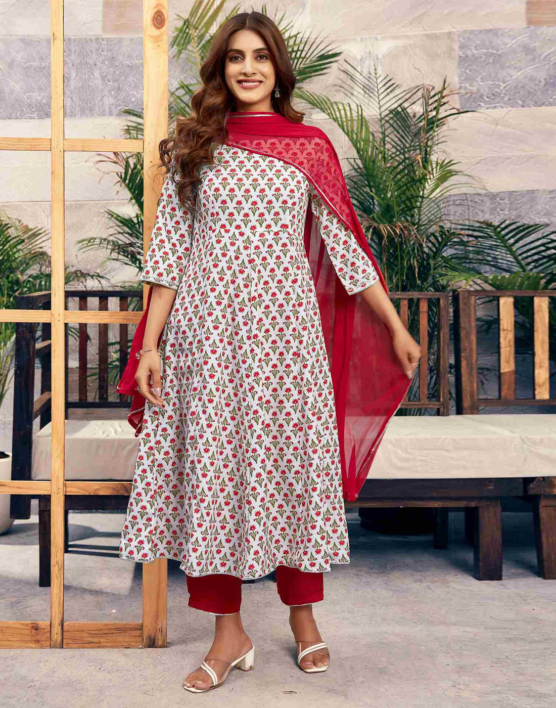 White Printed Rayon Straight Kurta Set With Dupatta