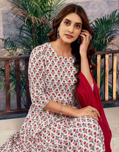 White Printed Rayon Straight Kurta Set With Dupatta