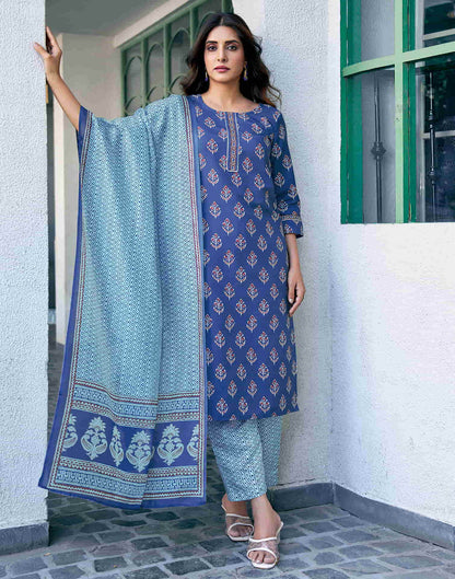 Blue Printed Rayon Straight Kurta With Pant And Dupatta