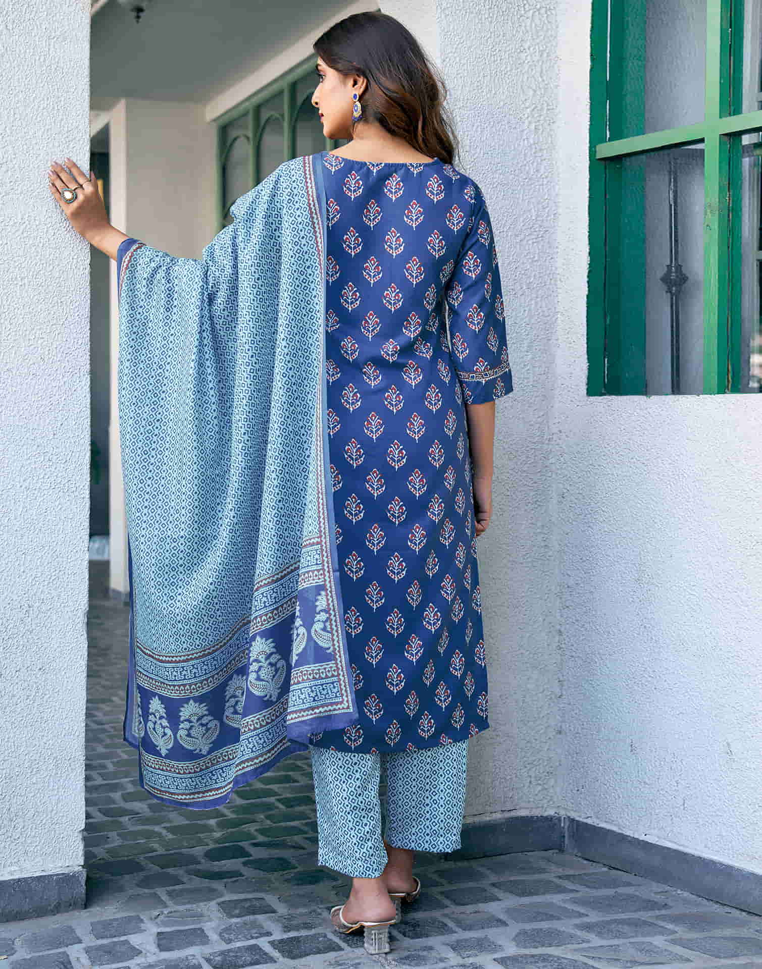 Blue Printed Rayon Straight Kurta With Pant And Dupatta