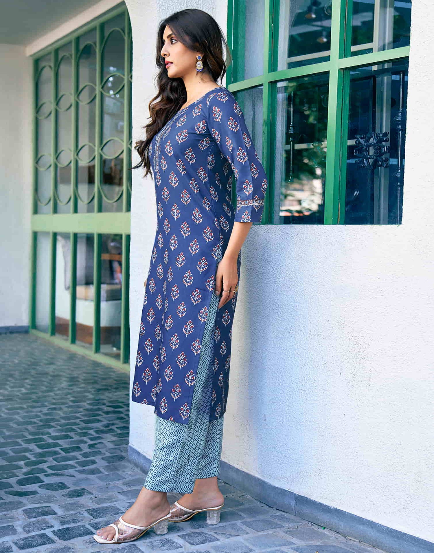 Blue Printed Rayon Straight Kurta With Pant And Dupatta