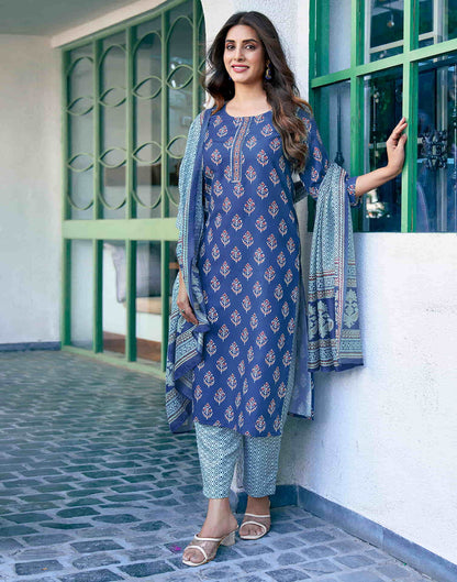 Blue Printed Rayon Straight Kurta With Pant And Dupatta