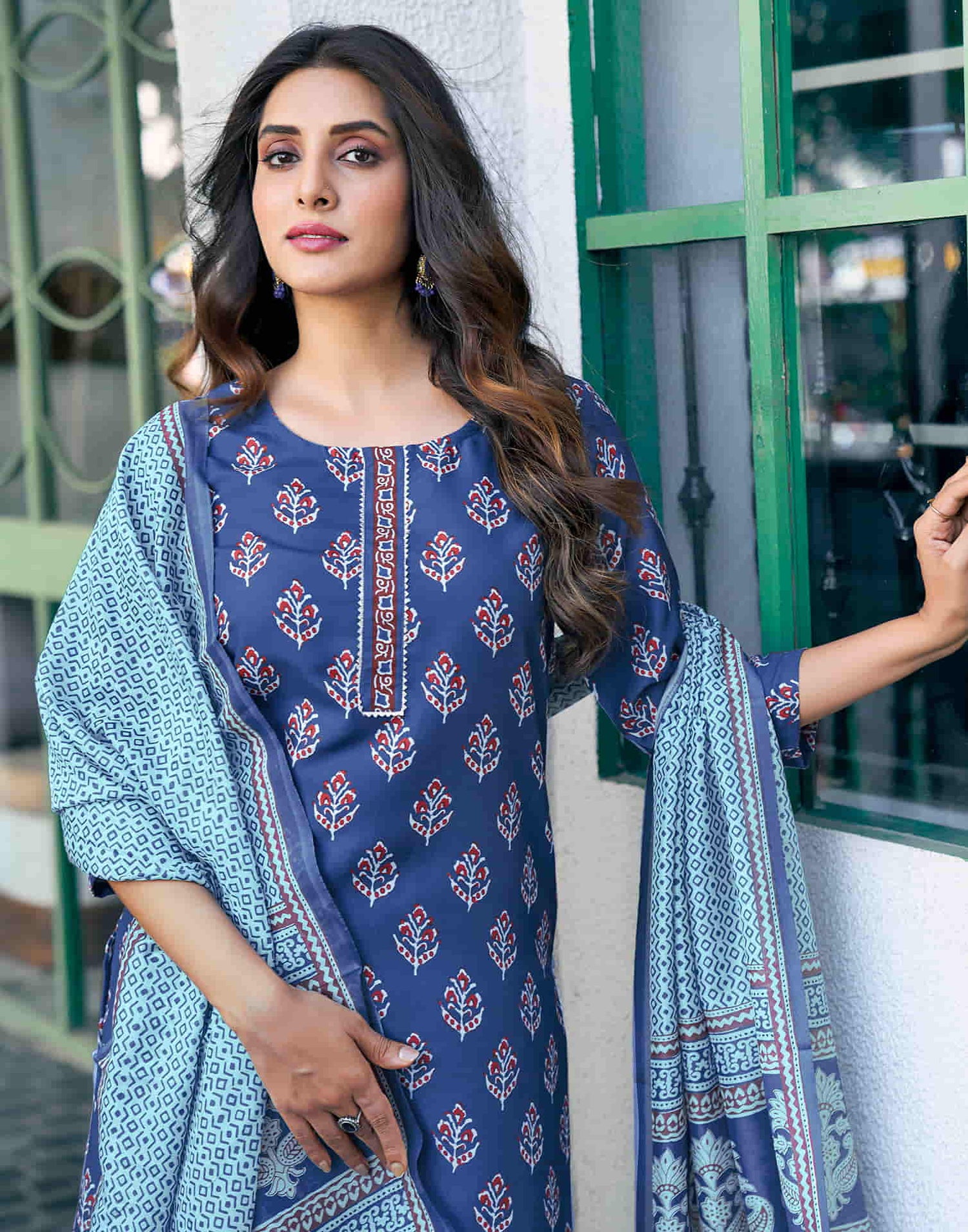 Blue Printed Rayon Straight Kurta With Pant And Dupatta