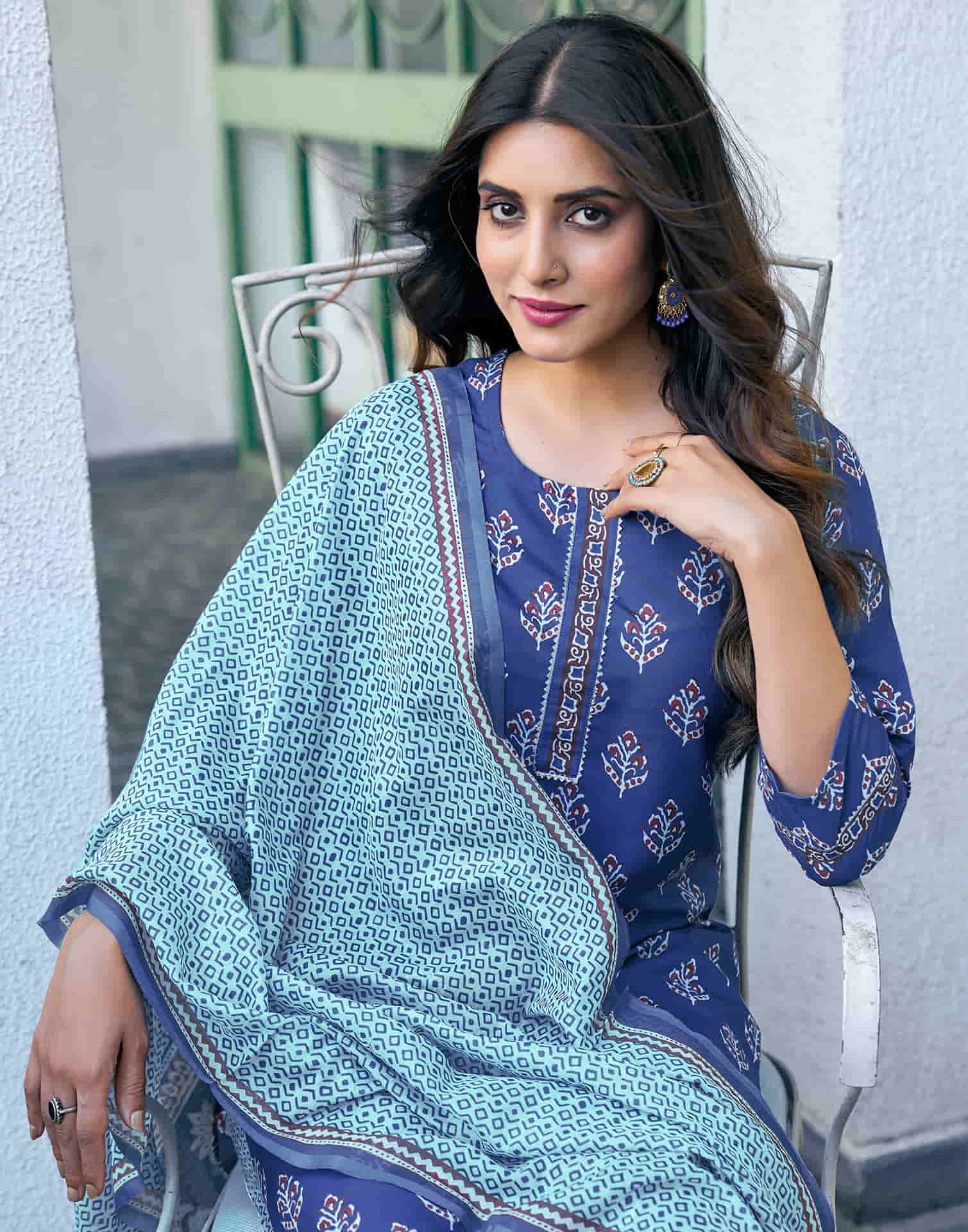 Blue Printed Rayon Straight Kurta With Pant And Dupatta