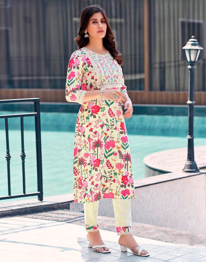 Pink Cotton Printed Straight Kurta Set