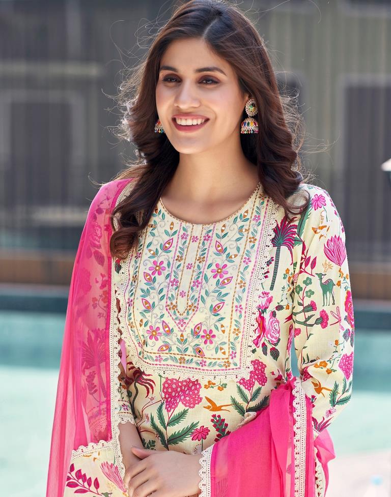 Pink Cotton Printed Straight Kurta Set