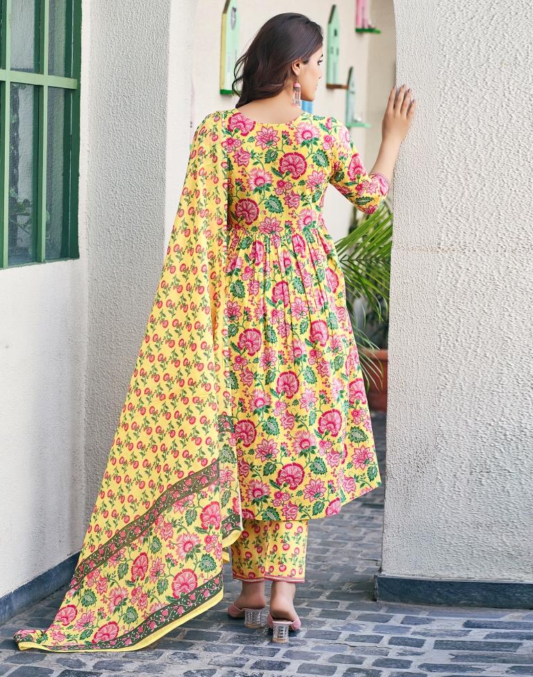 Yellow Cotton Printed A-Line Kurta Set