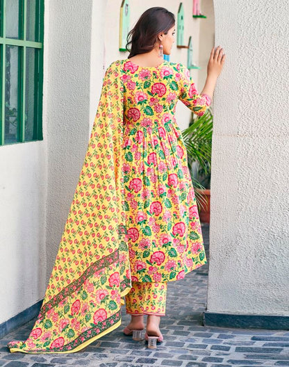 Yellow Cotton Printed A-Line Kurta Set