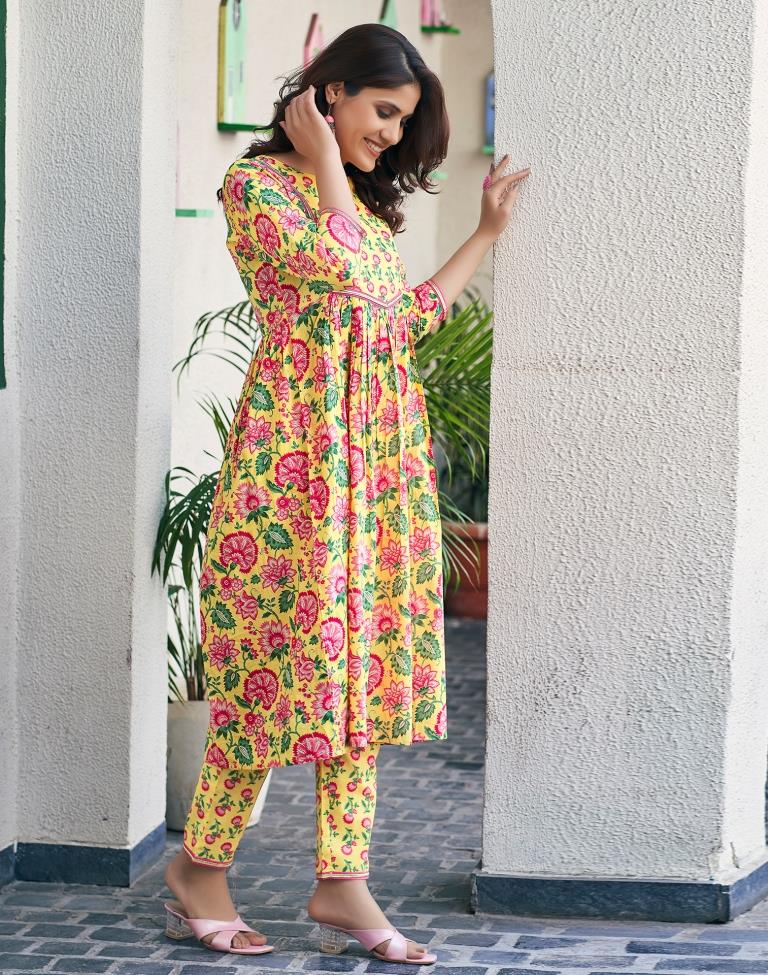 Yellow Cotton Printed A-Line Kurta Set