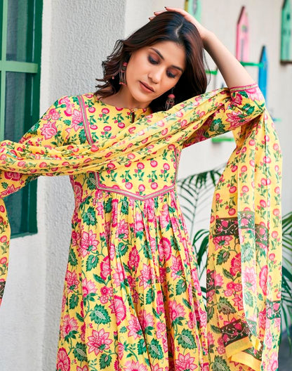 Yellow Cotton Printed A-Line Kurta Set