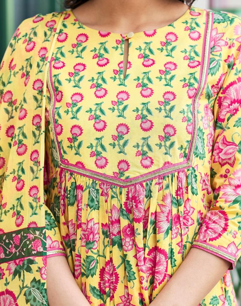 Yellow Cotton Printed A-Line Kurta Set