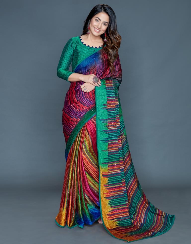 Multicolored Coloured Silk Crepe Printed, Embellished Partywear saree | Sudathi