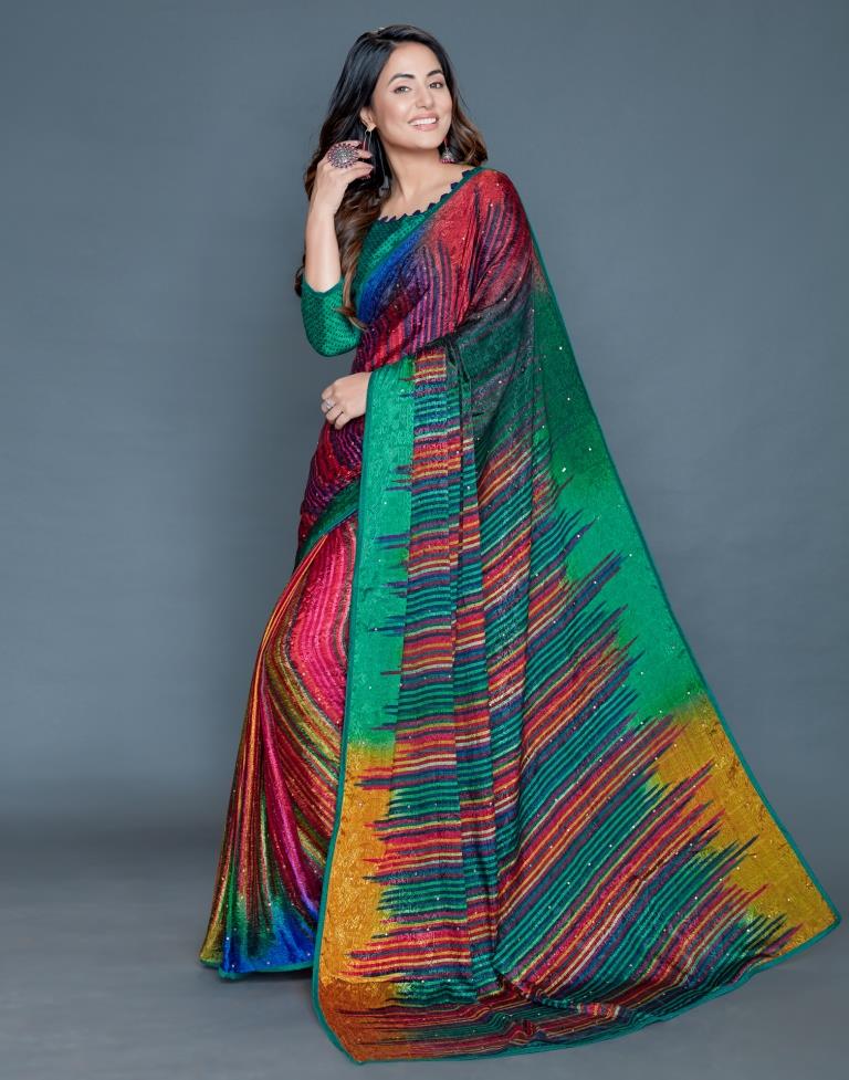 Multicolored Coloured Silk Crepe Printed, Embellished Partywear saree | Sudathi