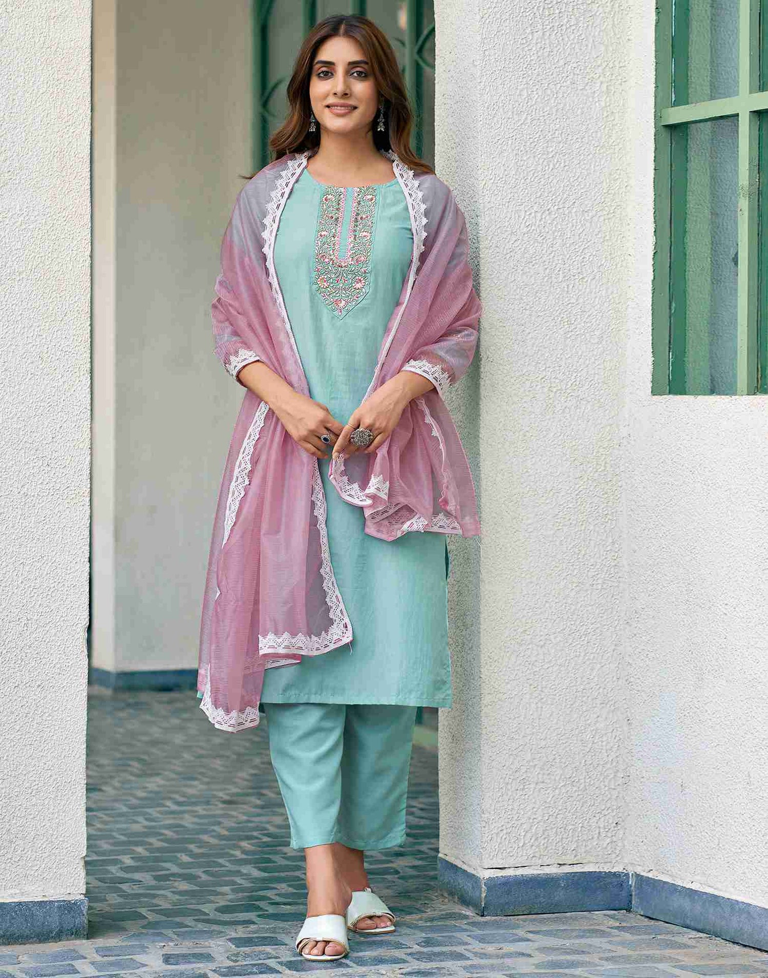 Pale Terquoise Chinnon Embroidery Straight Kurta With Pant And Dupatta