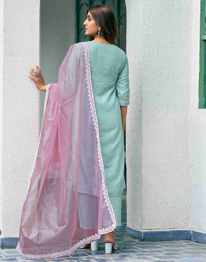 Pale Terquoise Chinnon Embroidery Straight Kurta With Pant And Dupatta