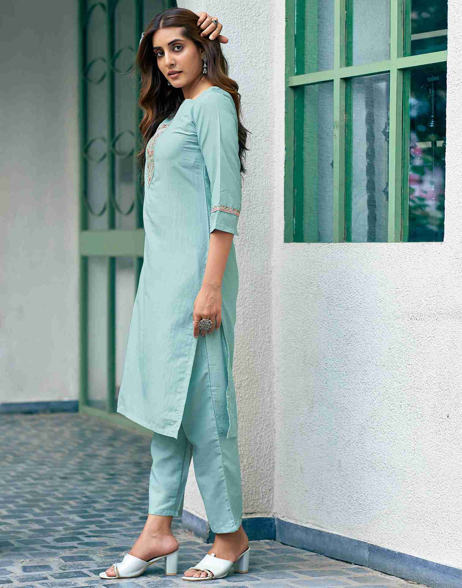 Pale Terquoise Chinnon Embroidery Straight Kurta With Pant And Dupatta