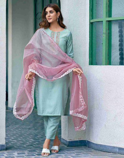 Pale Terquoise Chinnon Embroidery Straight Kurta With Pant And Dupatta