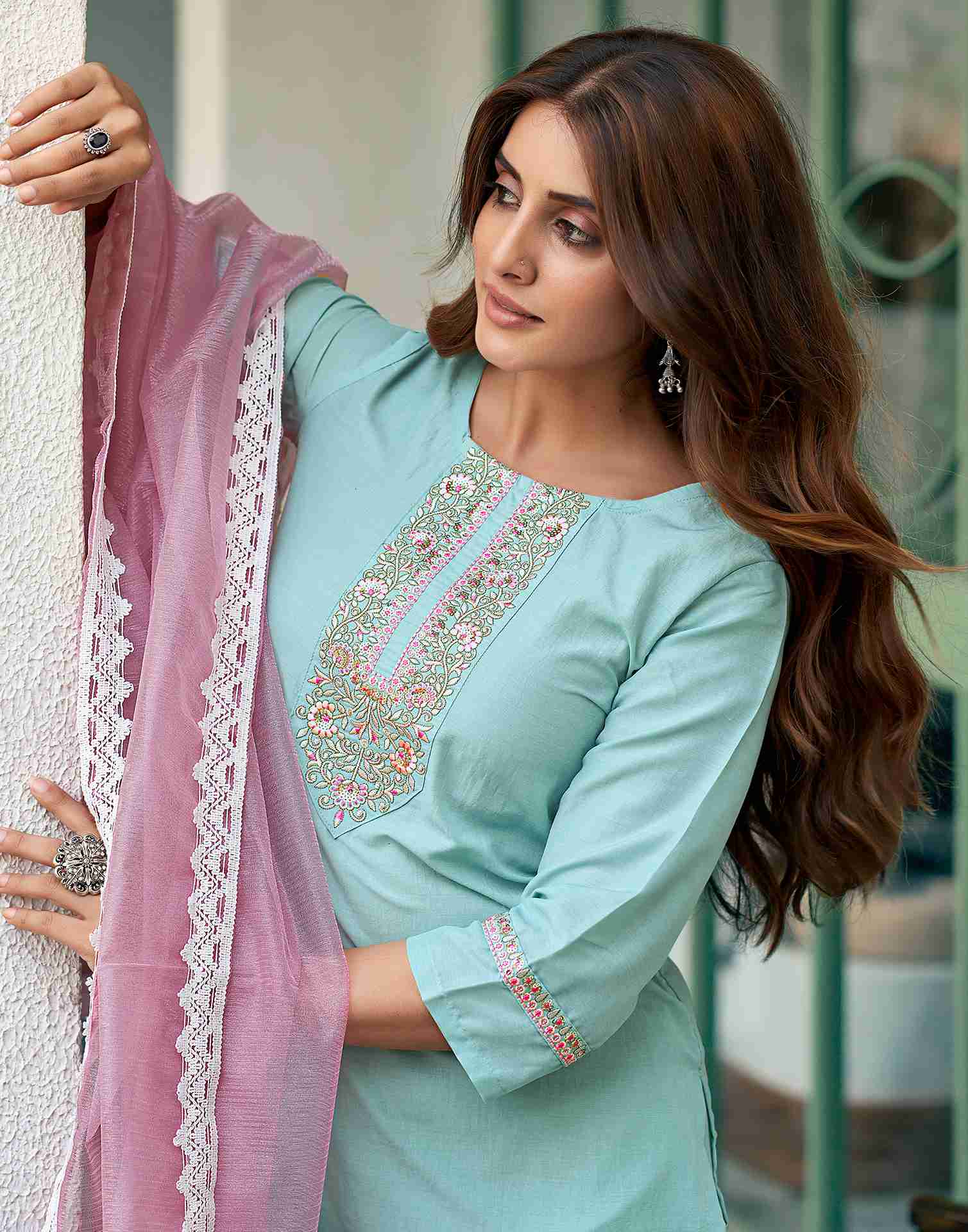 Pale Terquoise Chinnon Embroidery Straight Kurta With Pant And Dupatta