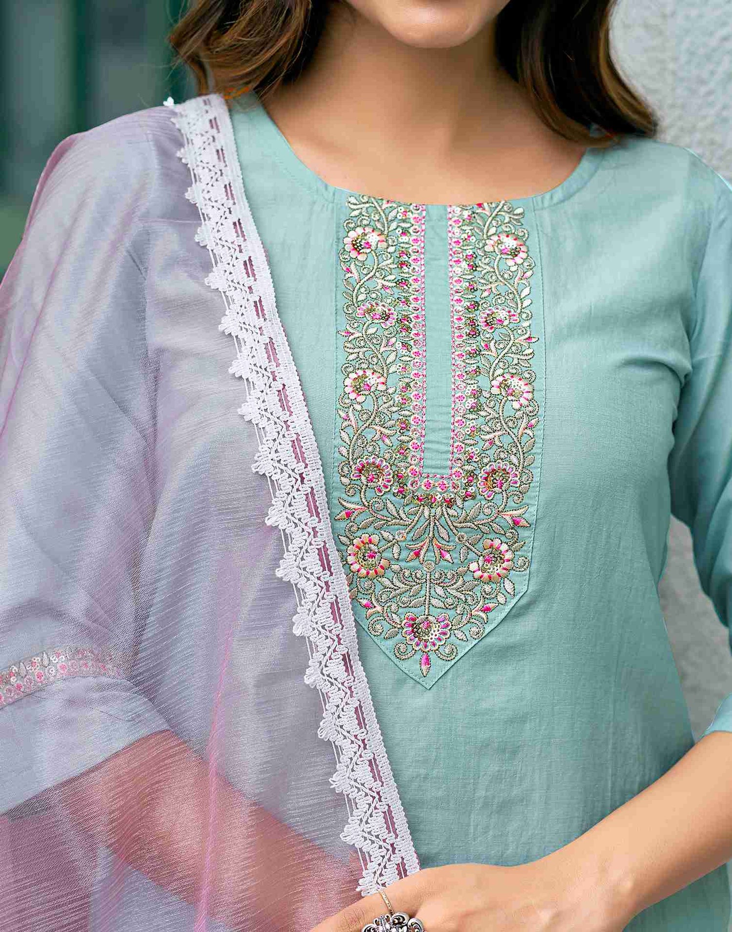 Pale Terquoise Chinnon Embroidery Straight Kurta With Pant And Dupatta