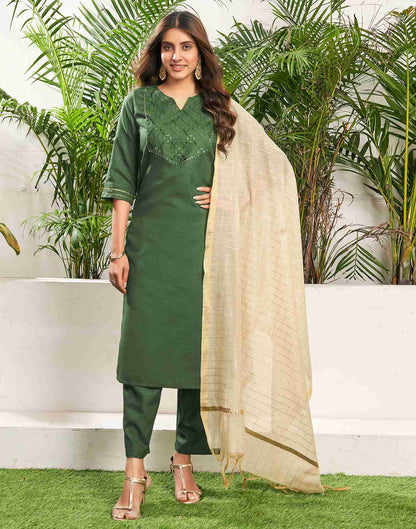 Green Cotton Embroidery Straight Kurta Set With Dupatta