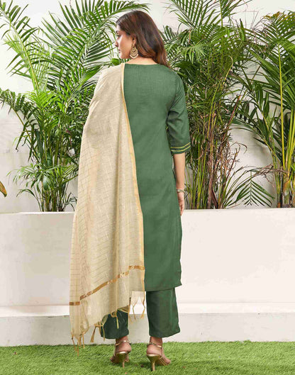 Green Cotton Embroidery Straight Kurta Set With Dupatta