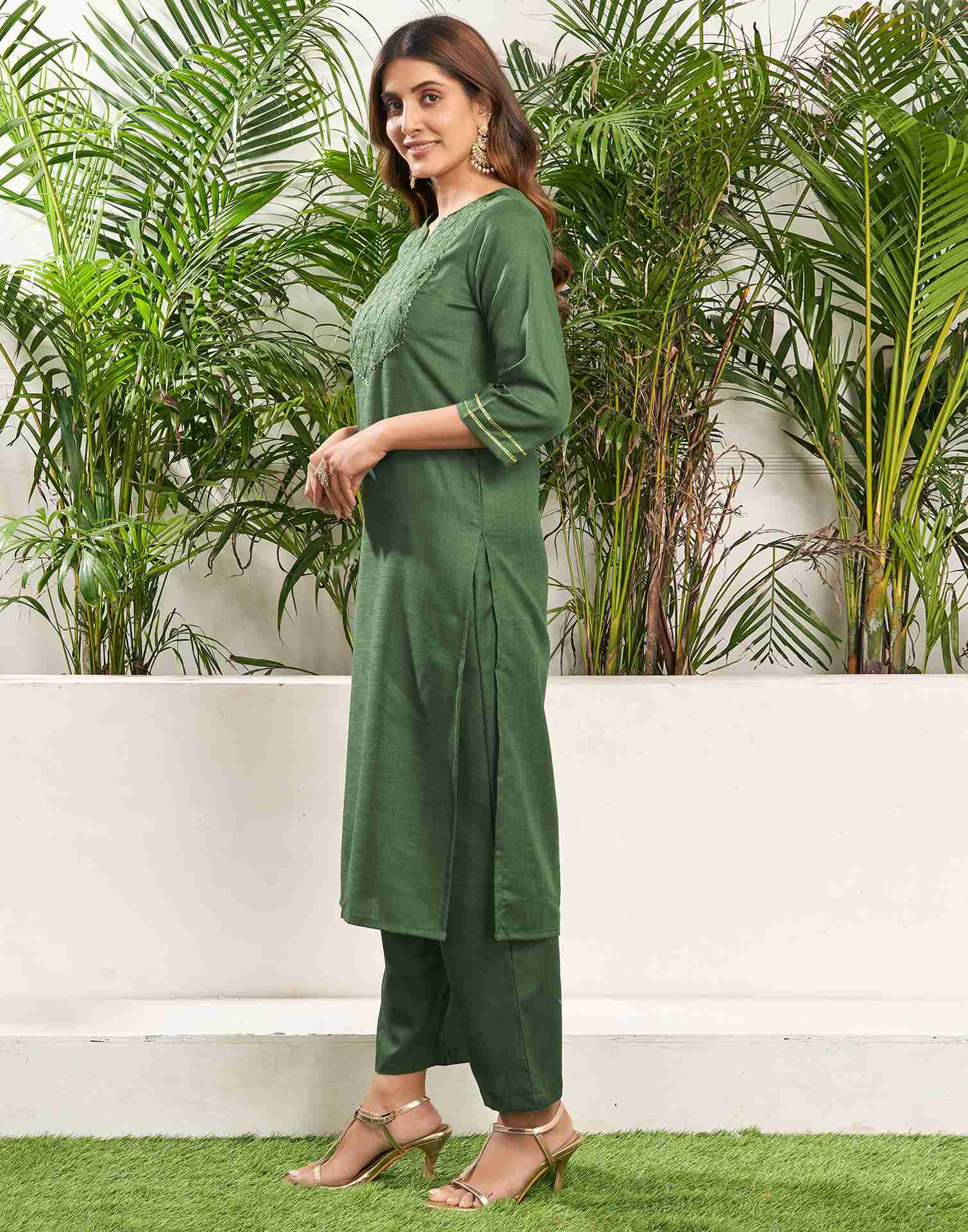 Green Cotton Embroidery Straight Kurta Set With Dupatta