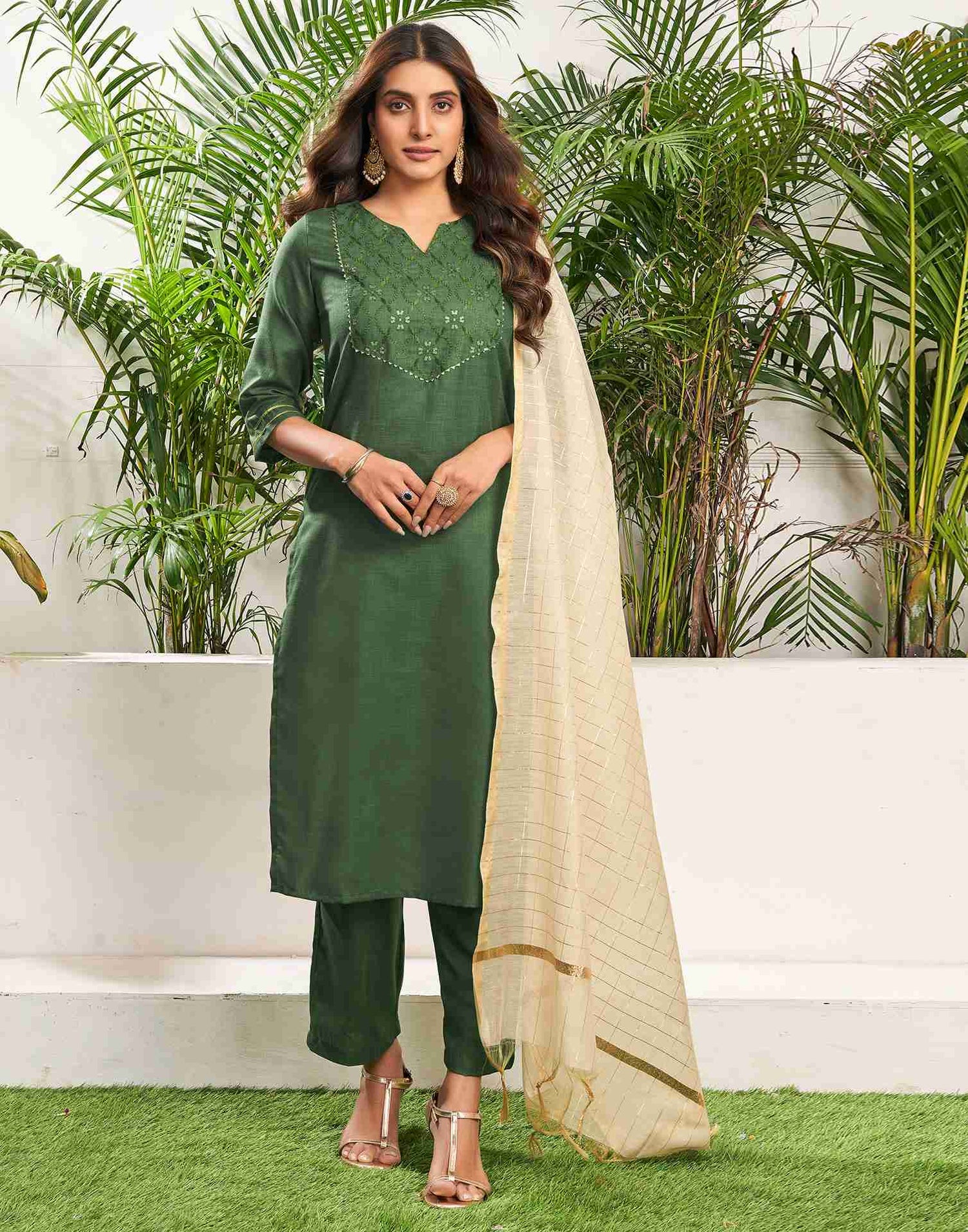 Green Cotton Embroidery Straight Kurta Set With Dupatta