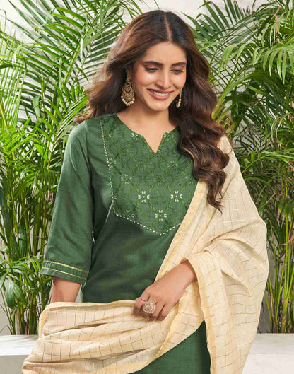 Green Cotton Embroidery Straight Kurta Set With Dupatta