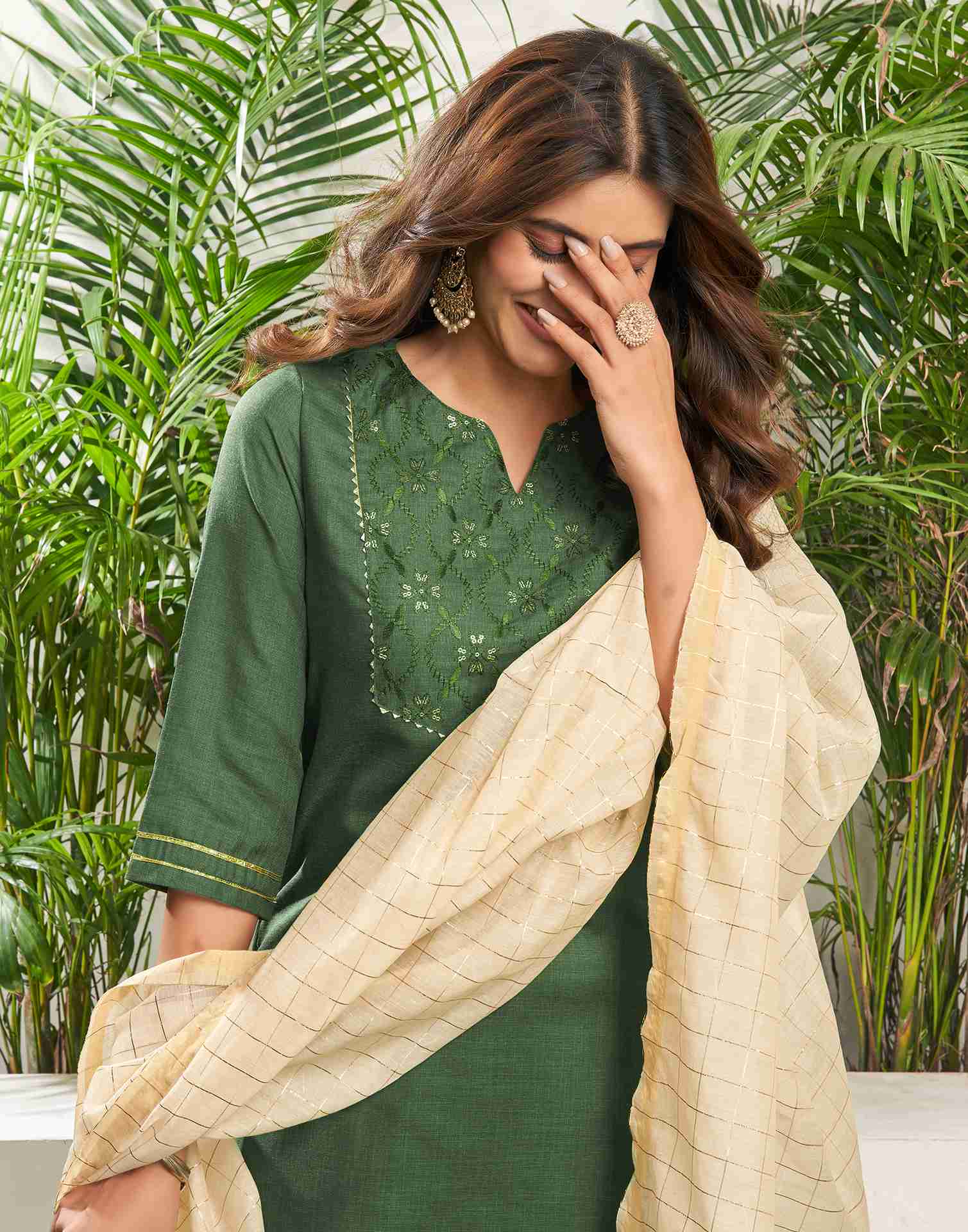 Green Cotton Embroidery Straight Kurta Set With Dupatta