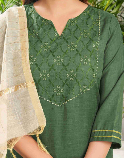 Green Cotton Embroidery Straight Kurta Set With Dupatta