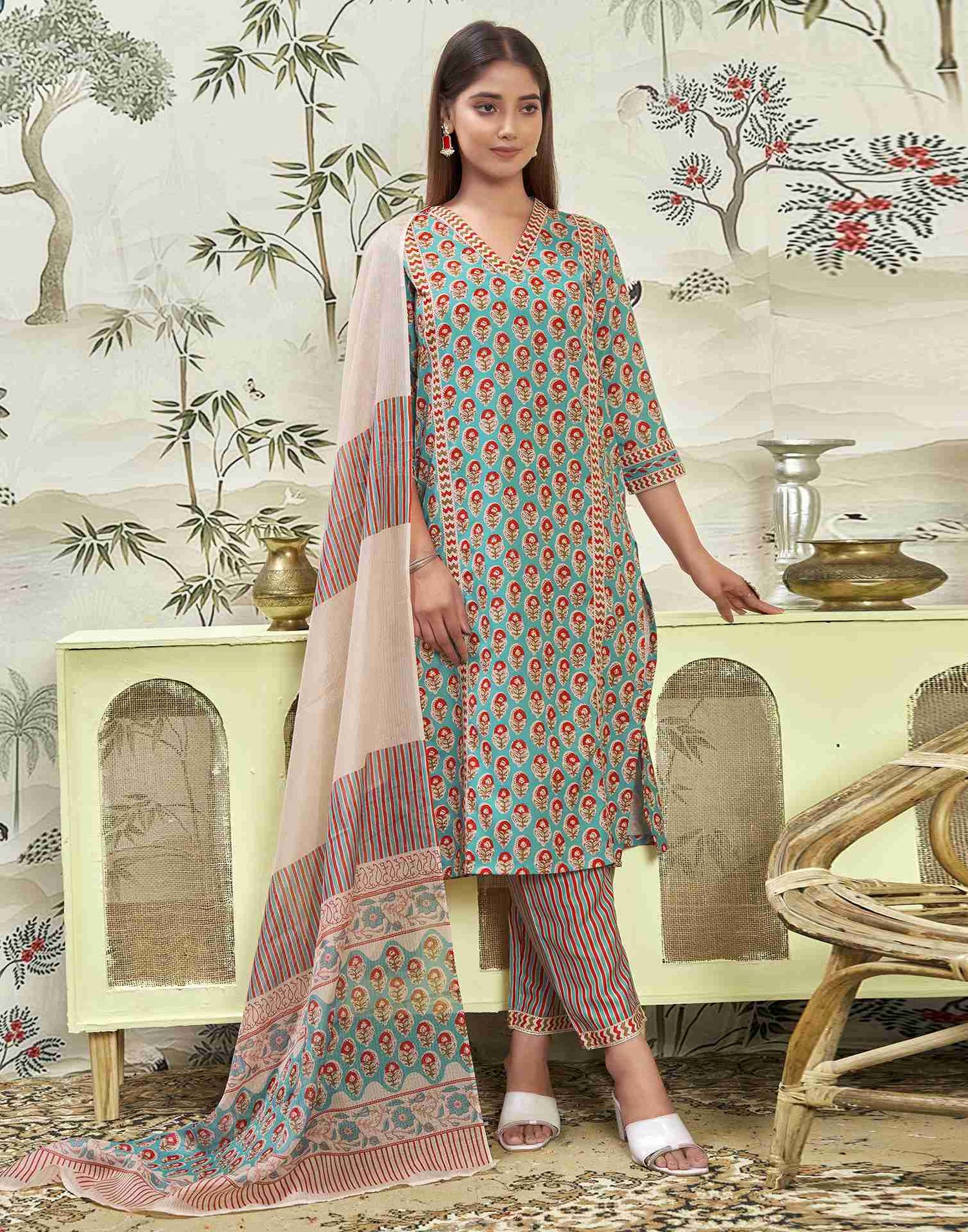 Turquoise Printed Rayon Straight Kurta Set With Dupatta