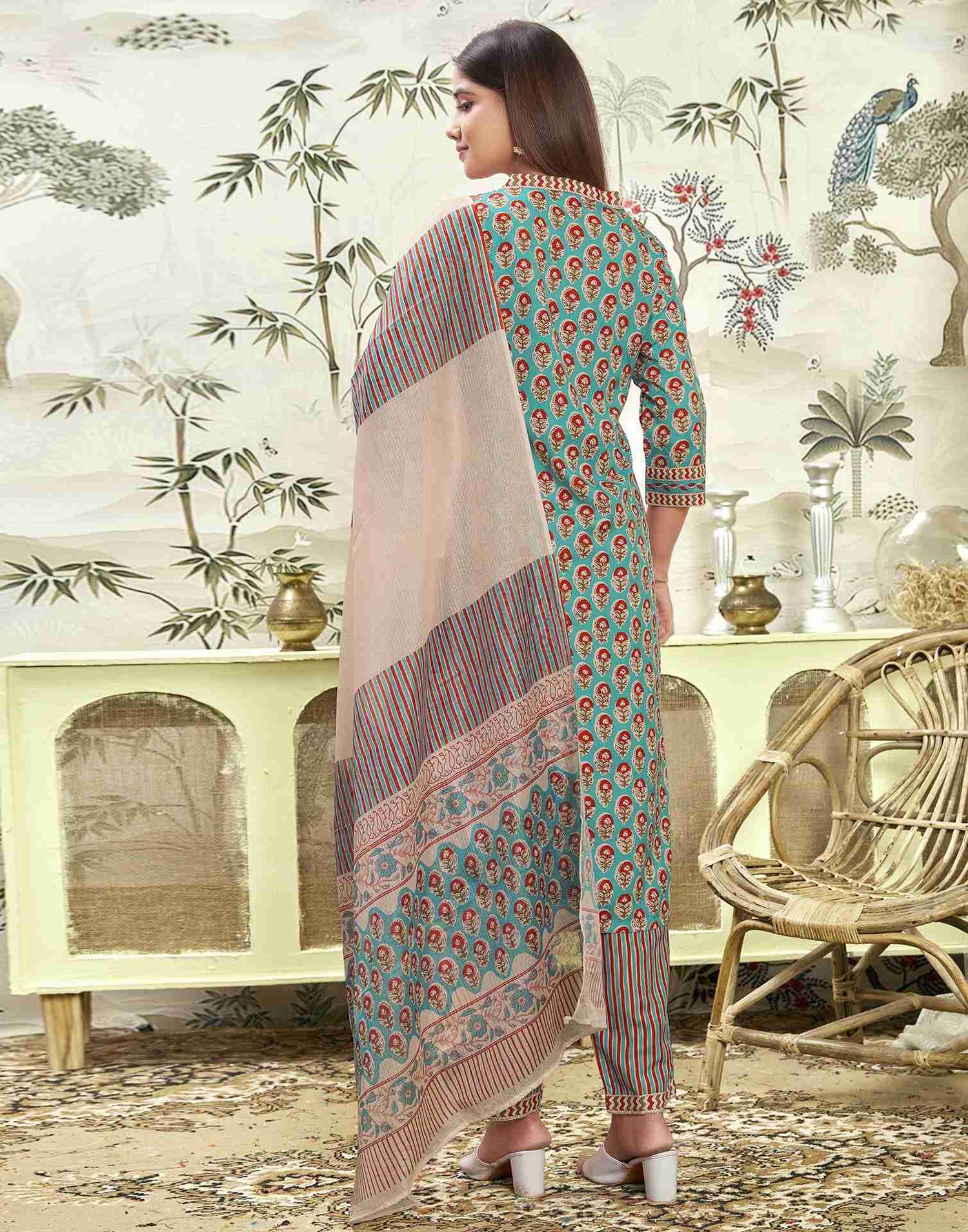 Turquoise Printed Rayon Straight Kurta Set With Dupatta