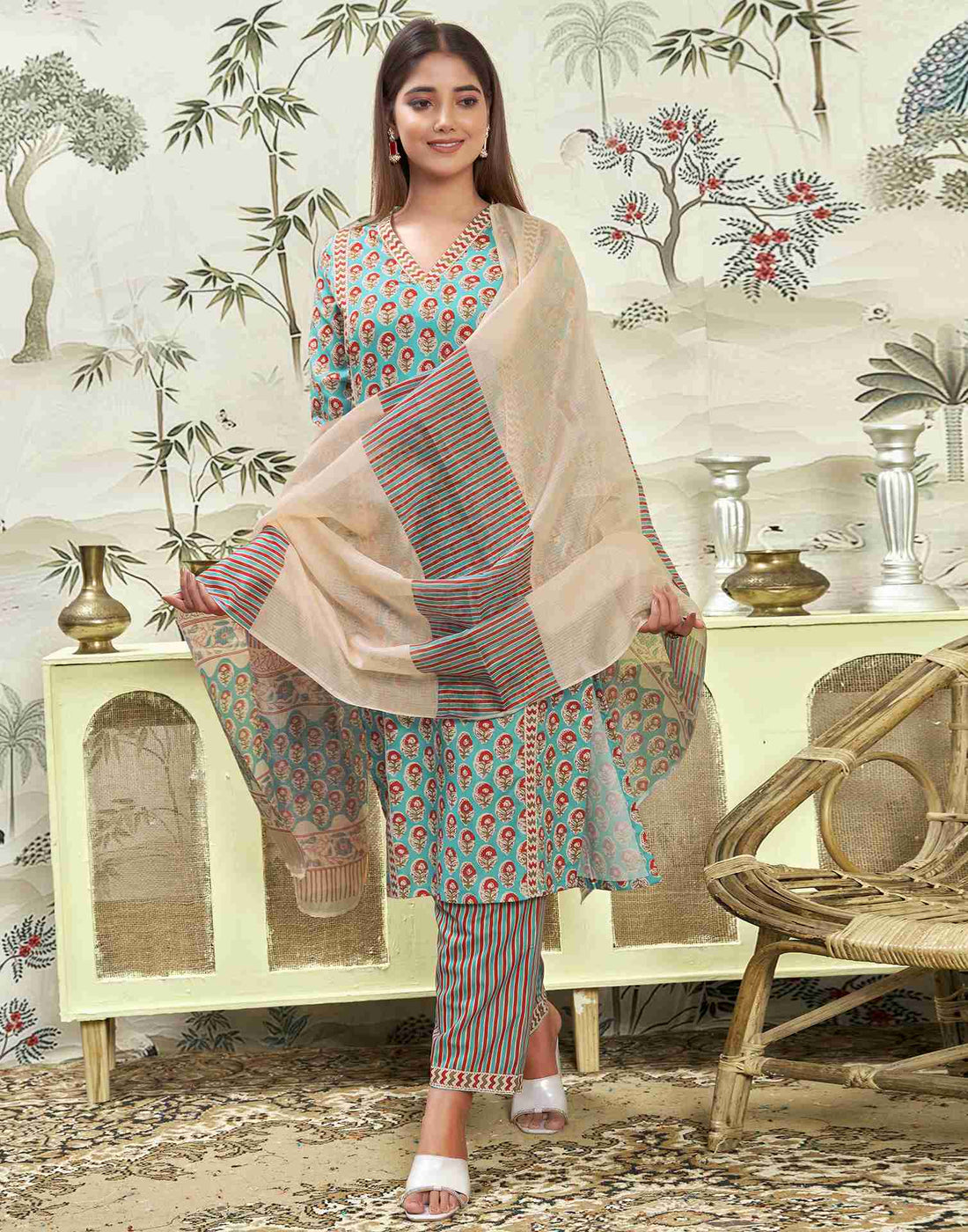 Turquoise Printed Rayon Straight Kurta Set With Dupatta