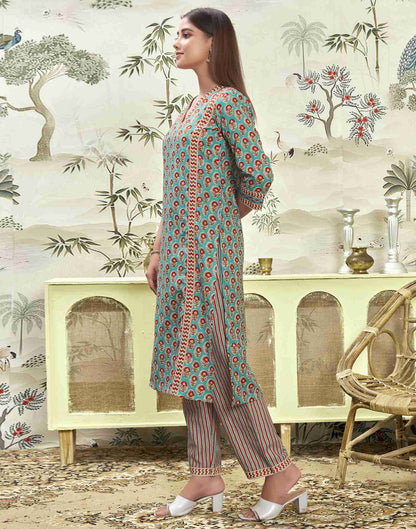 Turquoise Printed Rayon Straight Kurta Set With Dupatta