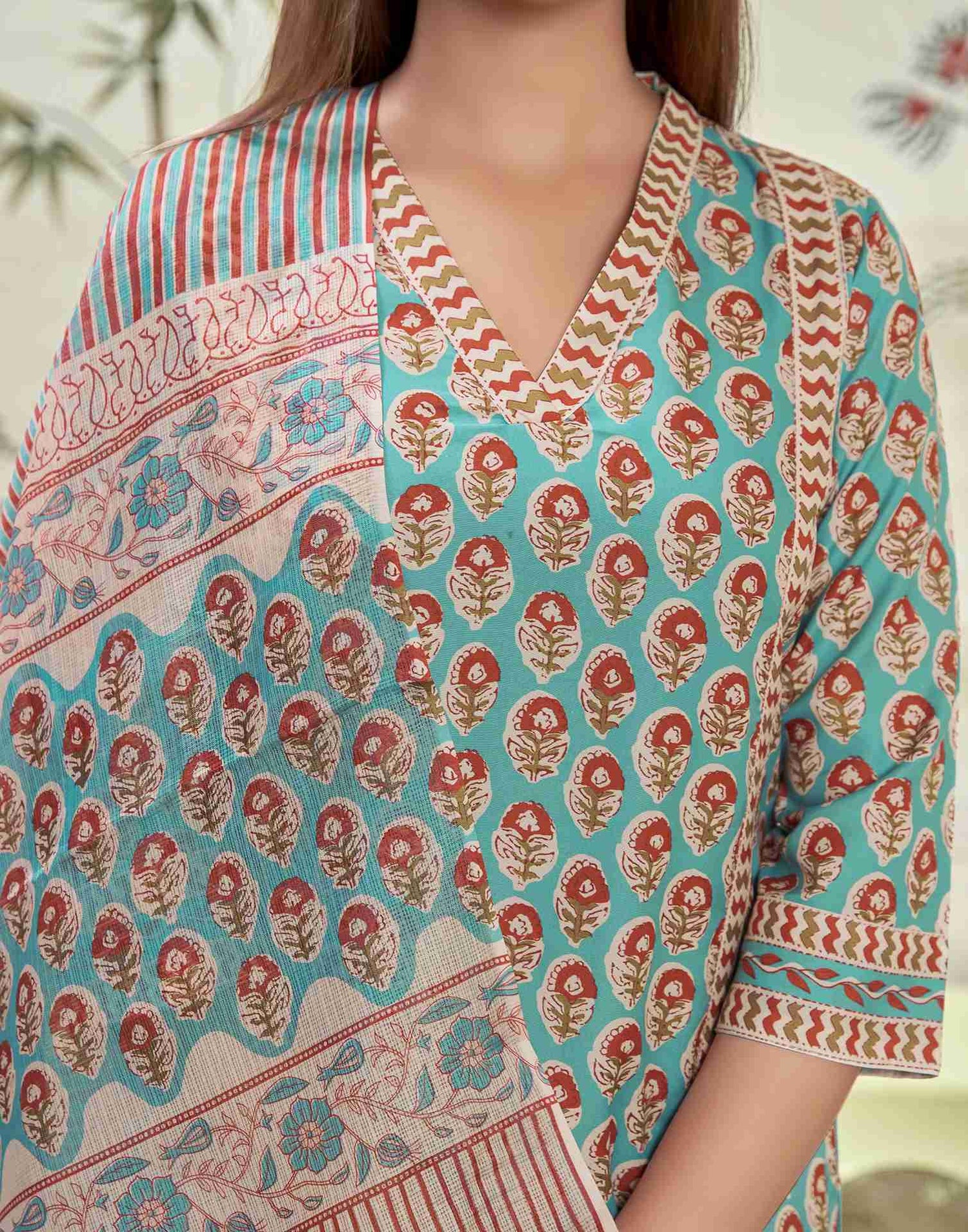 Turquoise Printed Rayon Straight Kurta Set With Dupatta