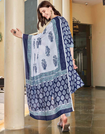 Dark Blue Printed Rayon Straight Kurta With Pant And Dupatta