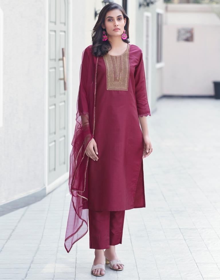 Maroon Silk Embroidery Straight Kurta Set