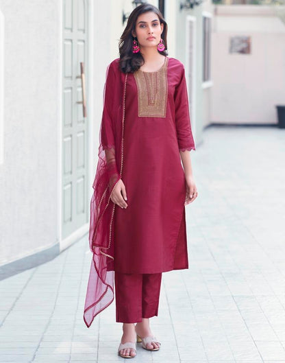 Maroon Silk Embroidery Straight Kurta Set